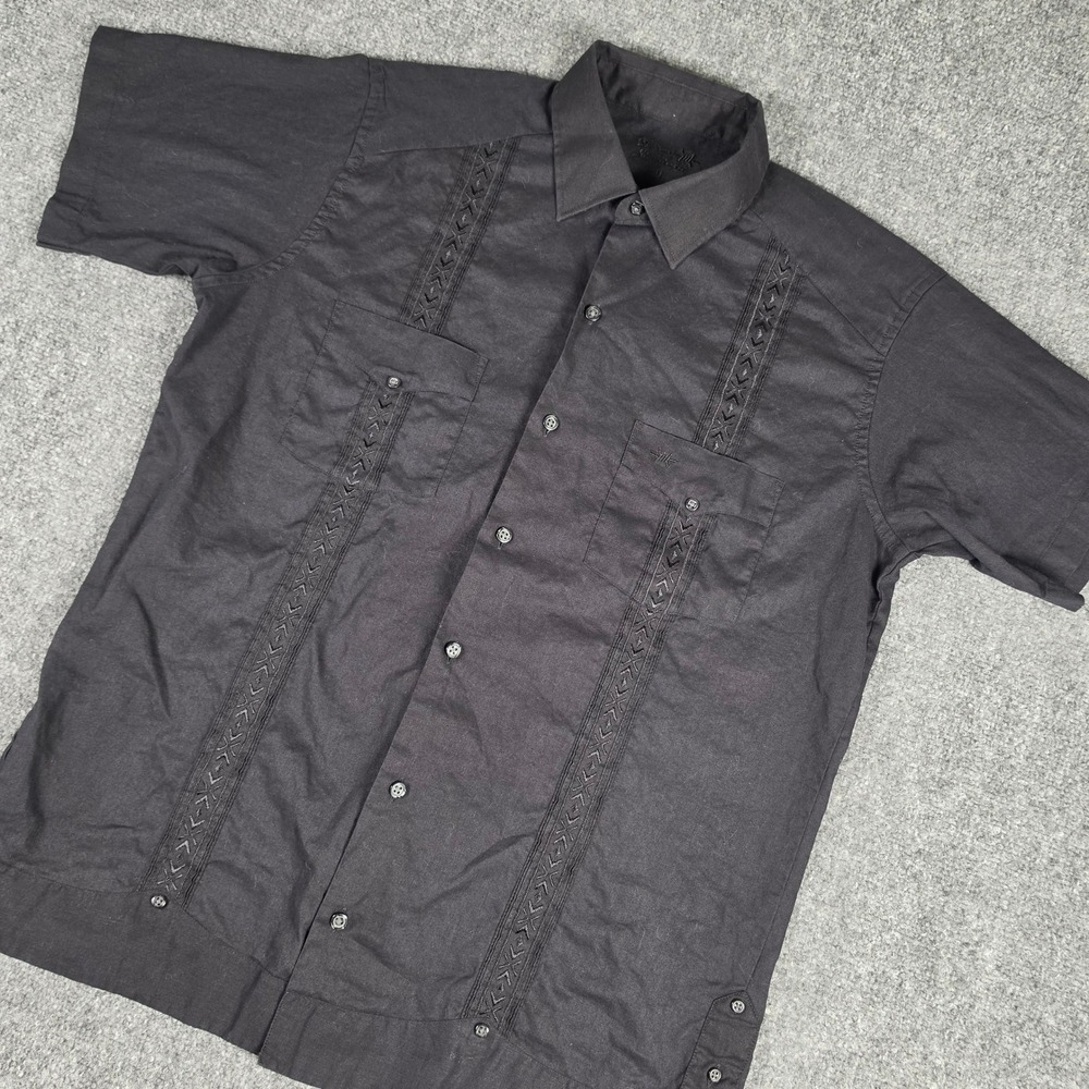 Texas Standard Guayabera Shirt Mens Medium Black Linen Cotton Embroidered SS